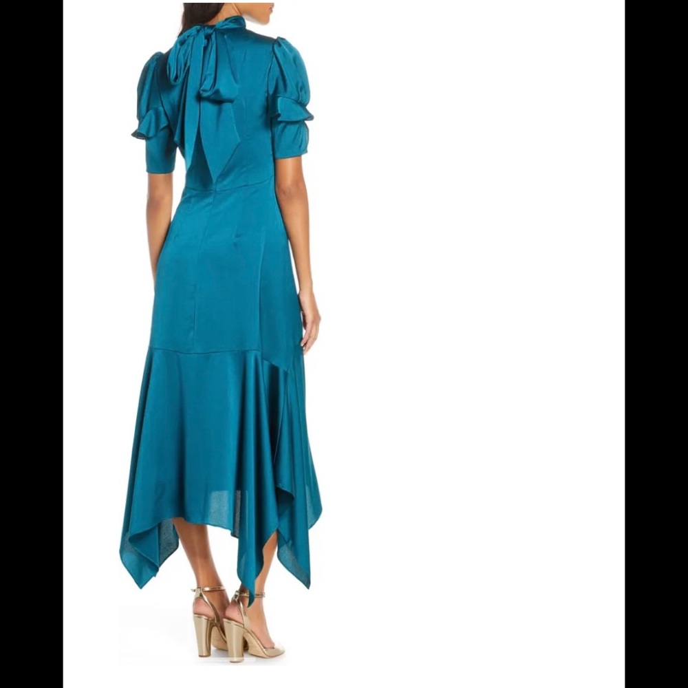Eliza J Teal Asymmetrical Satin Midi Dress